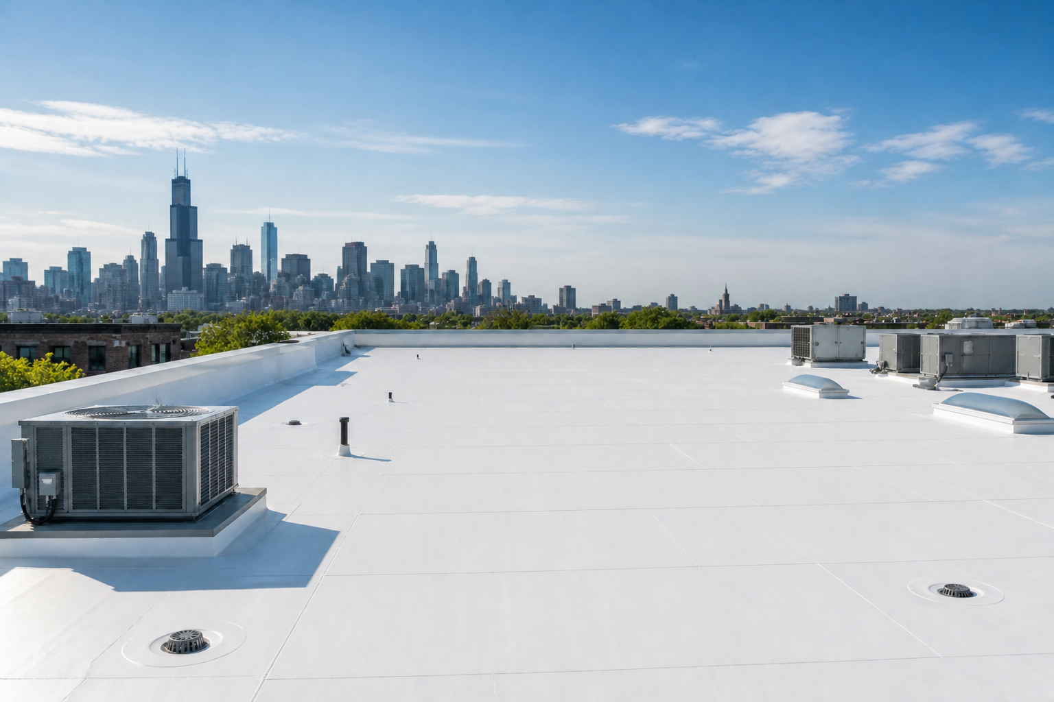 Commercial TPO roofing system with the Chicago skyline in the background.