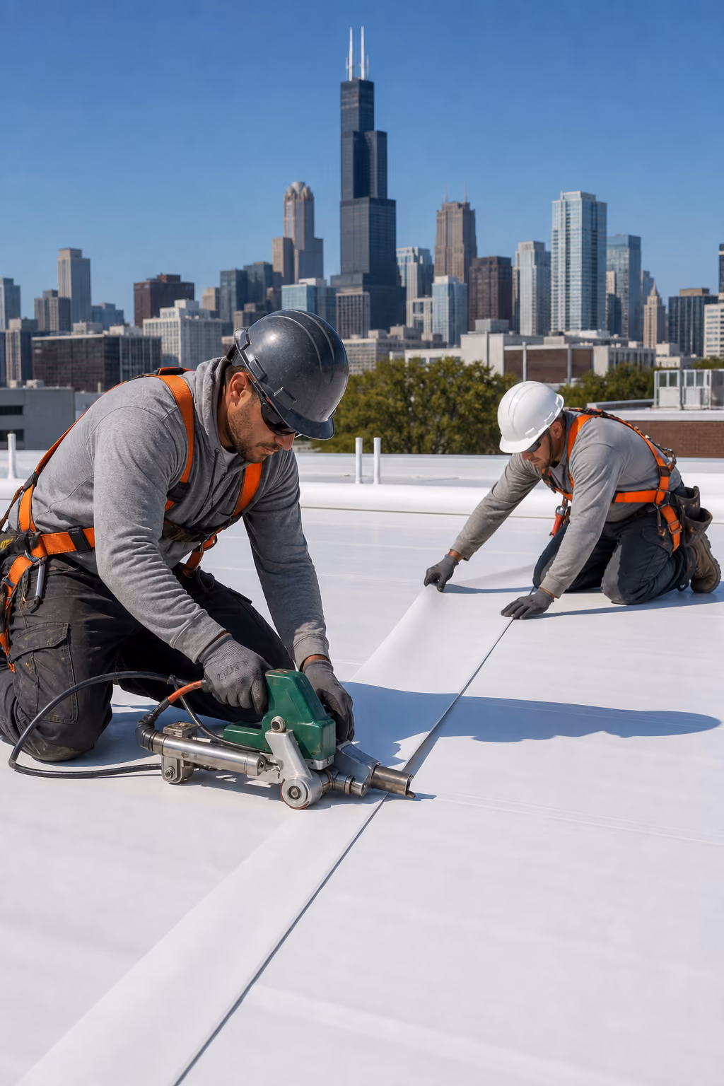 RMV Roofing crew installing a commercial TPO roofing membrane in Chicago.
