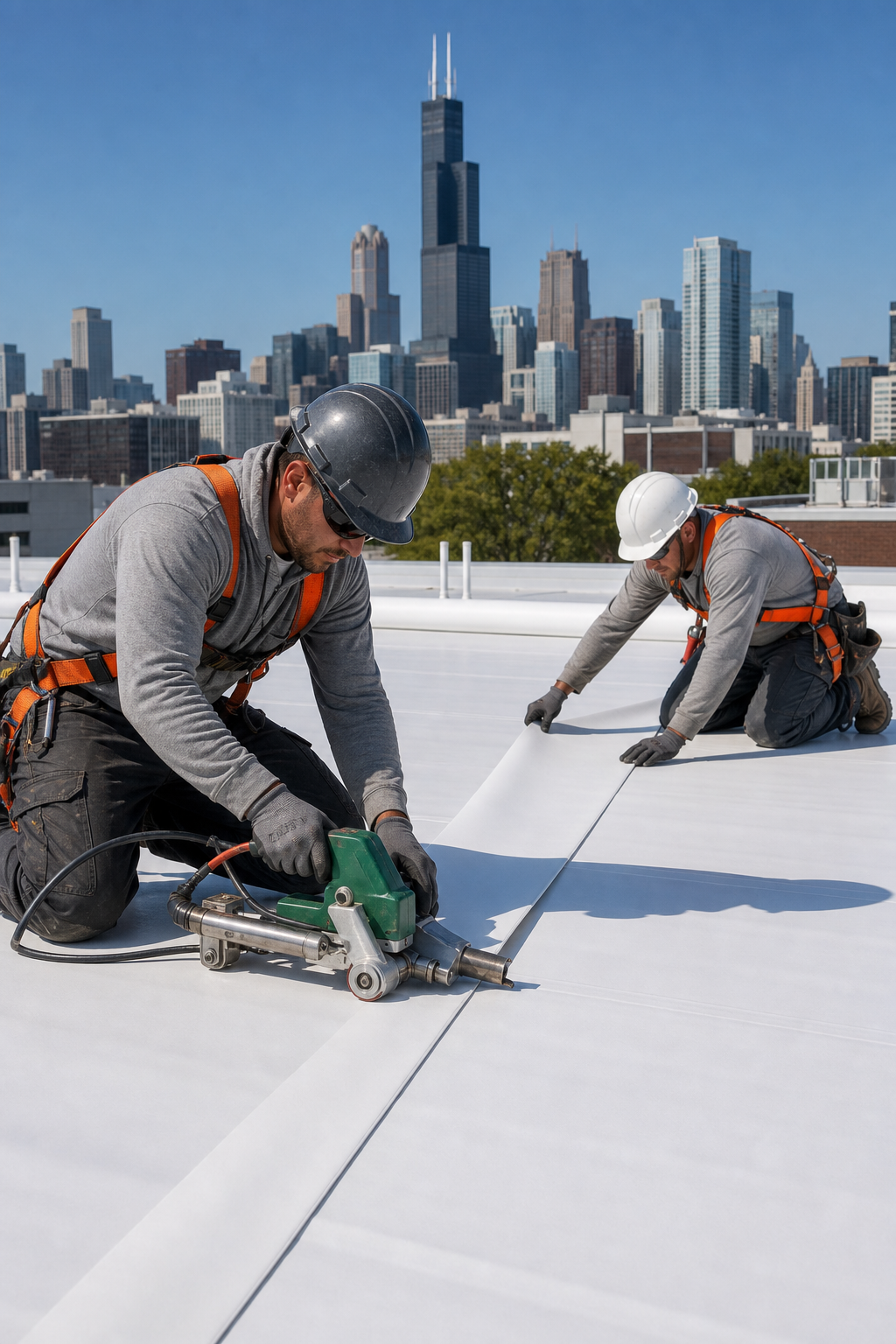 RMV Roofing crew installing a commercial TPO roofing membrane in Chicago.