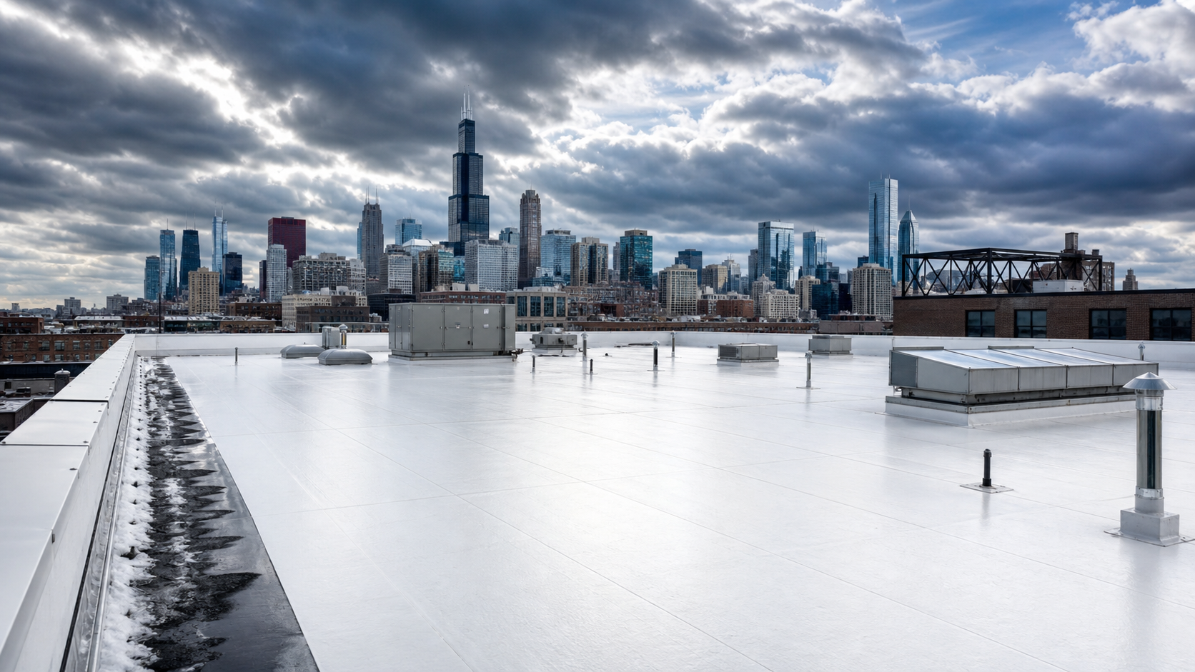 A Chicago commercial TPO roof exposed to changing weather conditions.