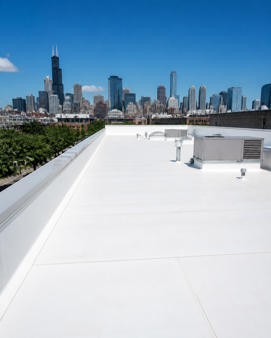 Reflective white TPO roof on a commercial building with the Chicago skyline