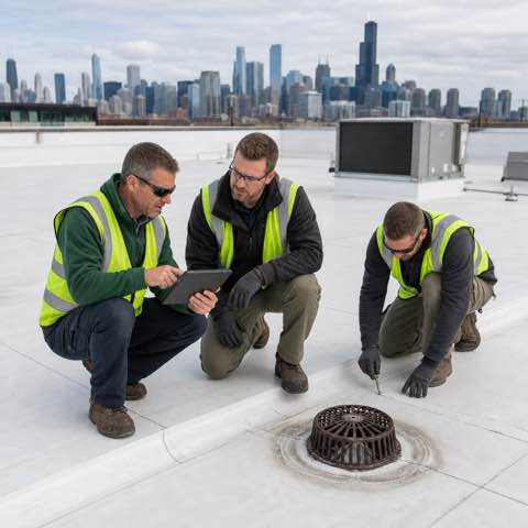 RMV Roofing crew reviewing a commercial roof during an inspection