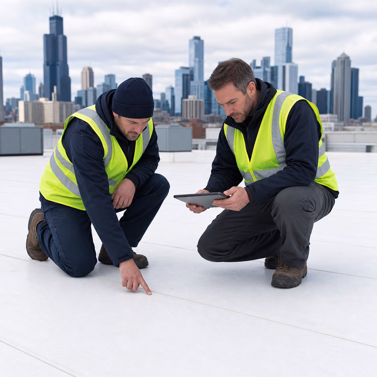 Two RMV Roofing professionals reviewing a clean TPO roof membrane during a commercial roof inspection in Chicago.