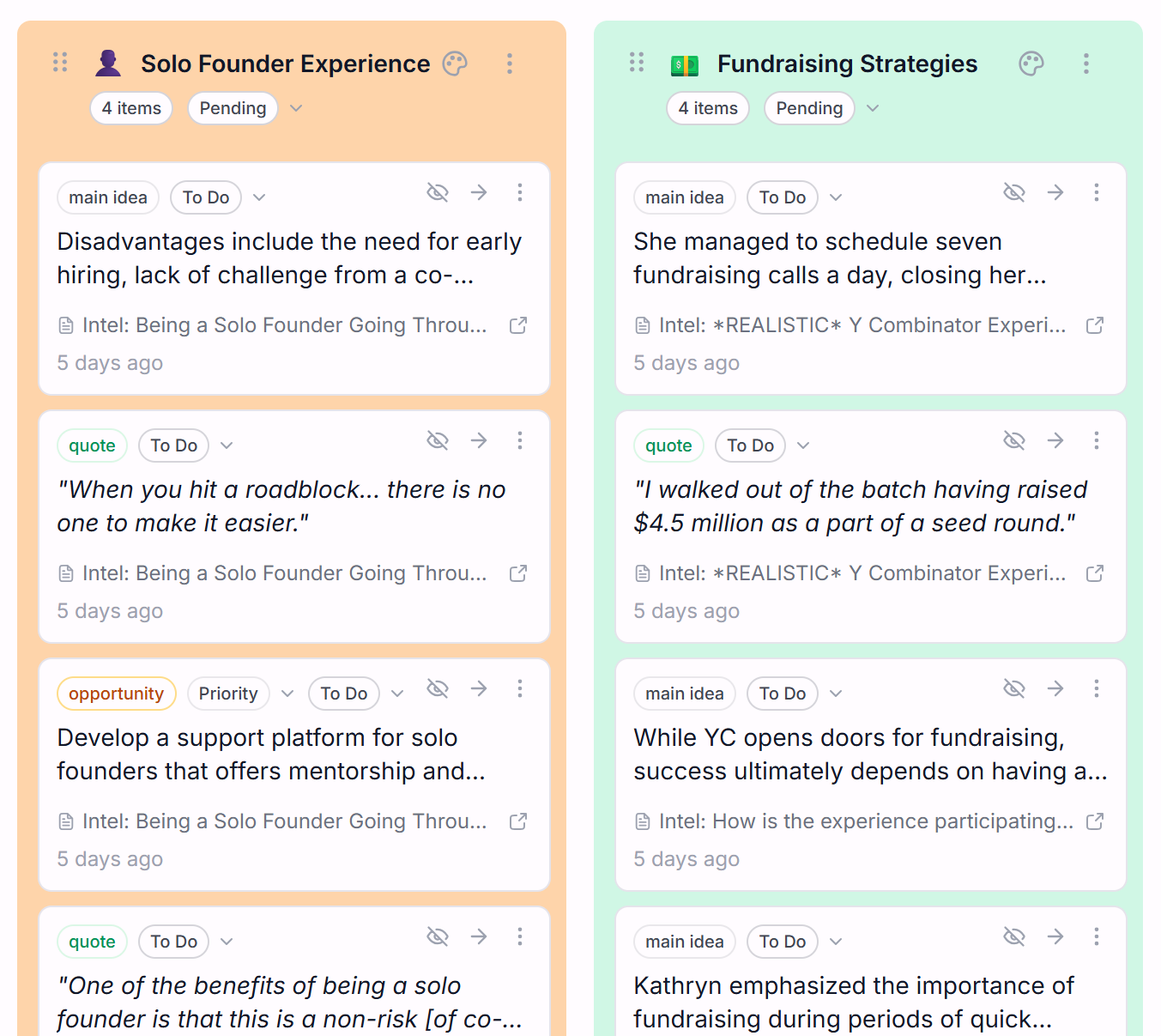 Insights grouped into themes in Intervool