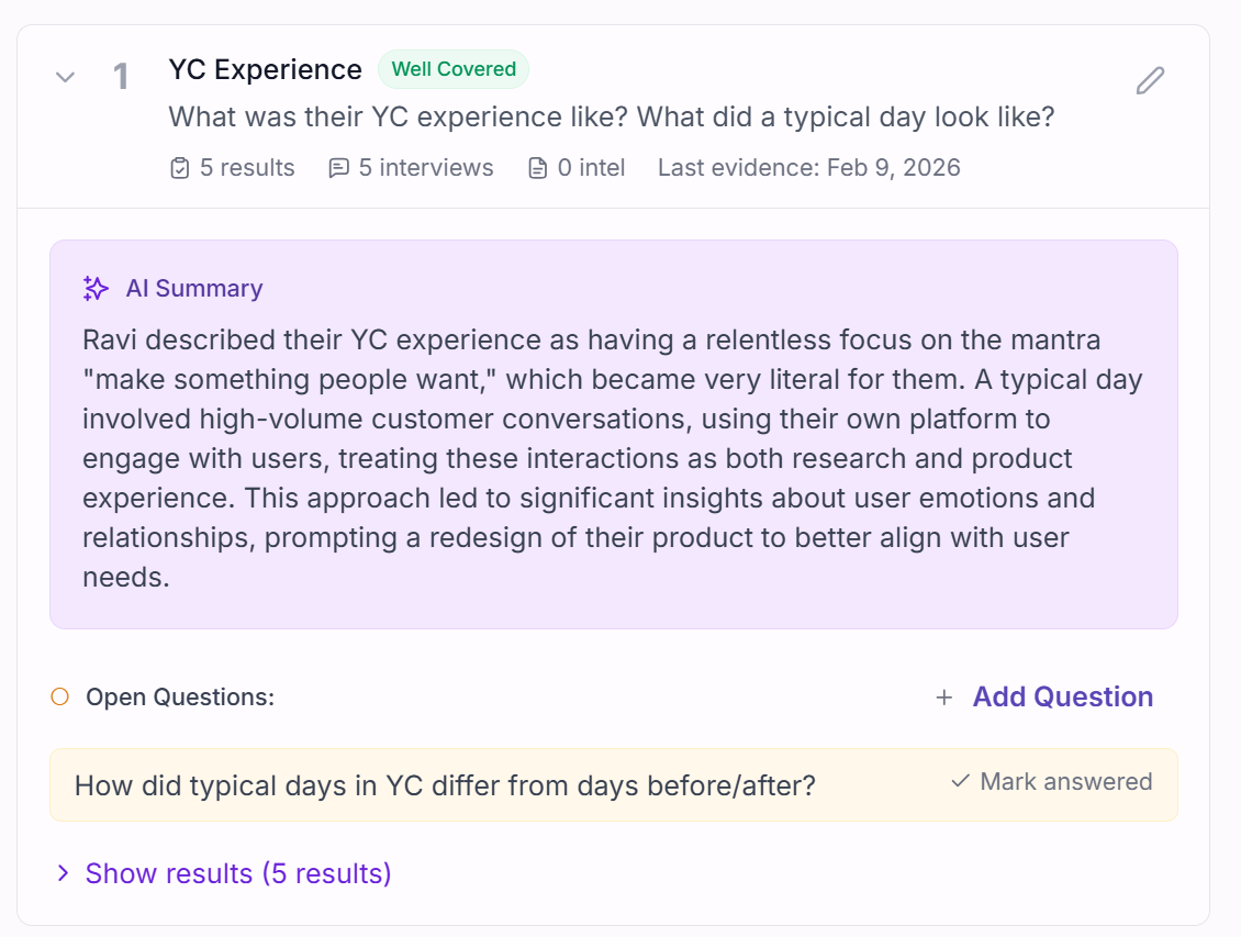Learning goals with AI summary and open questions in Intervool