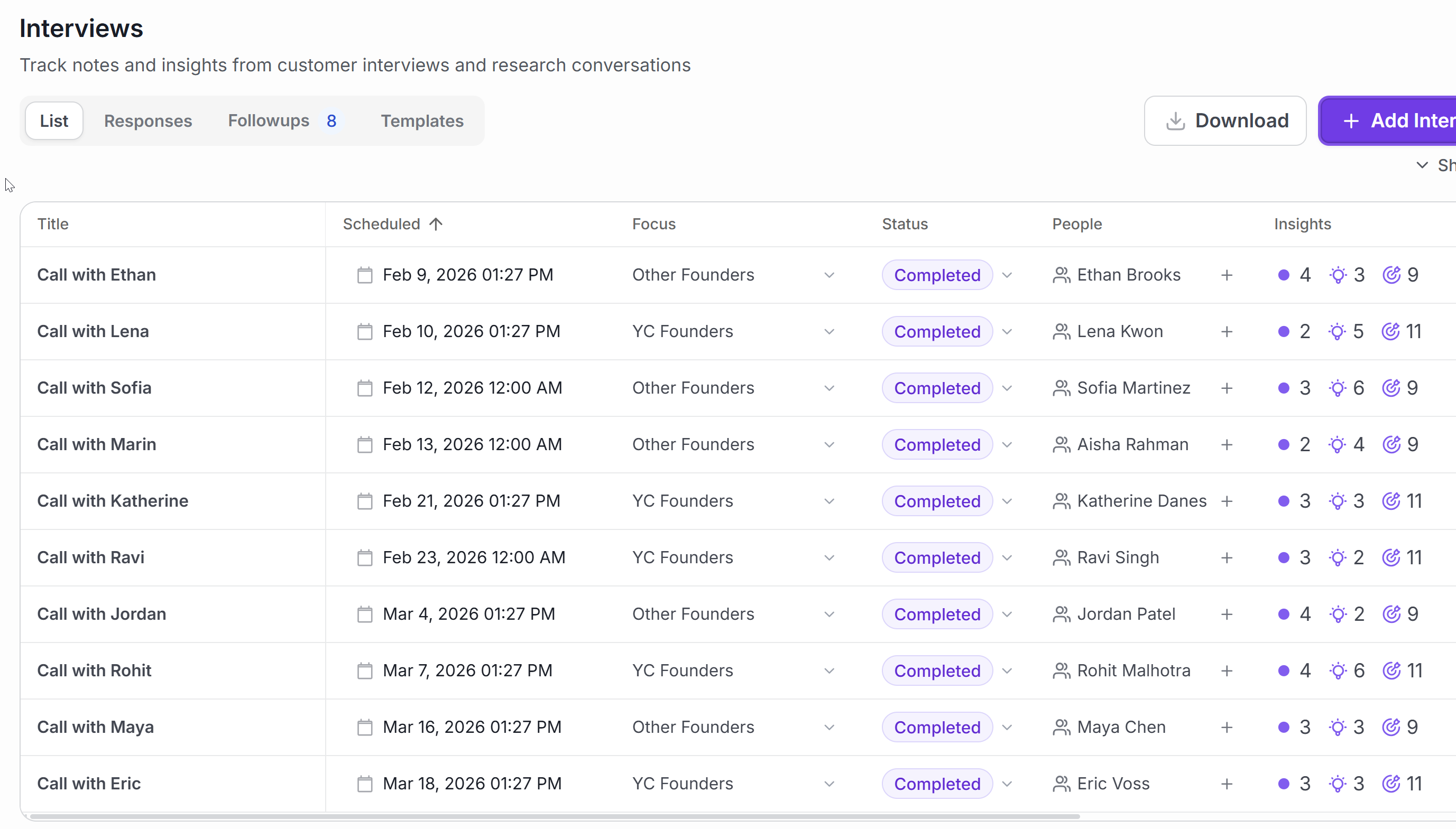 Interview list/dashboard in Intervool