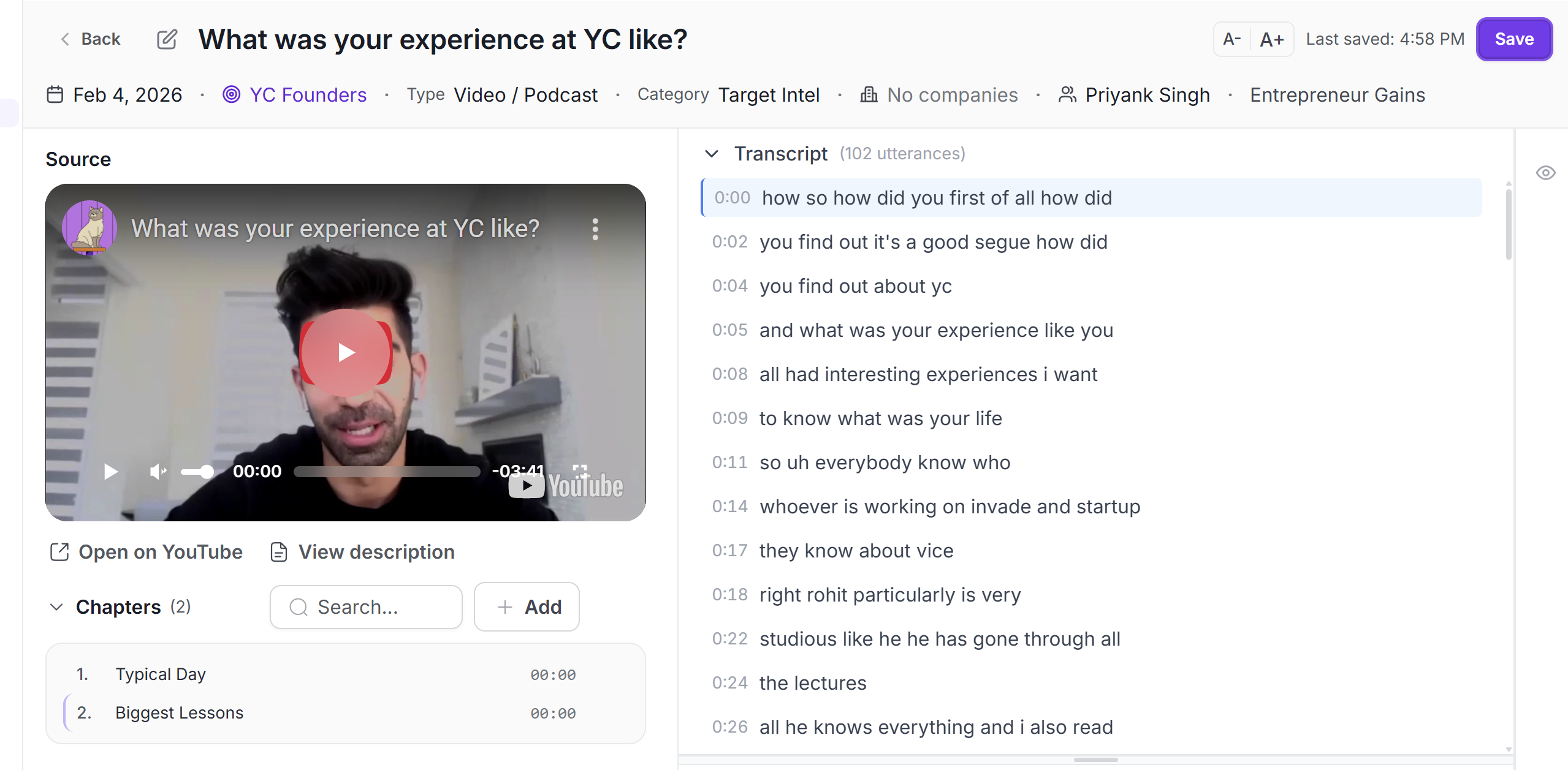 Image showing an interview video alongside its transcript in Intervool