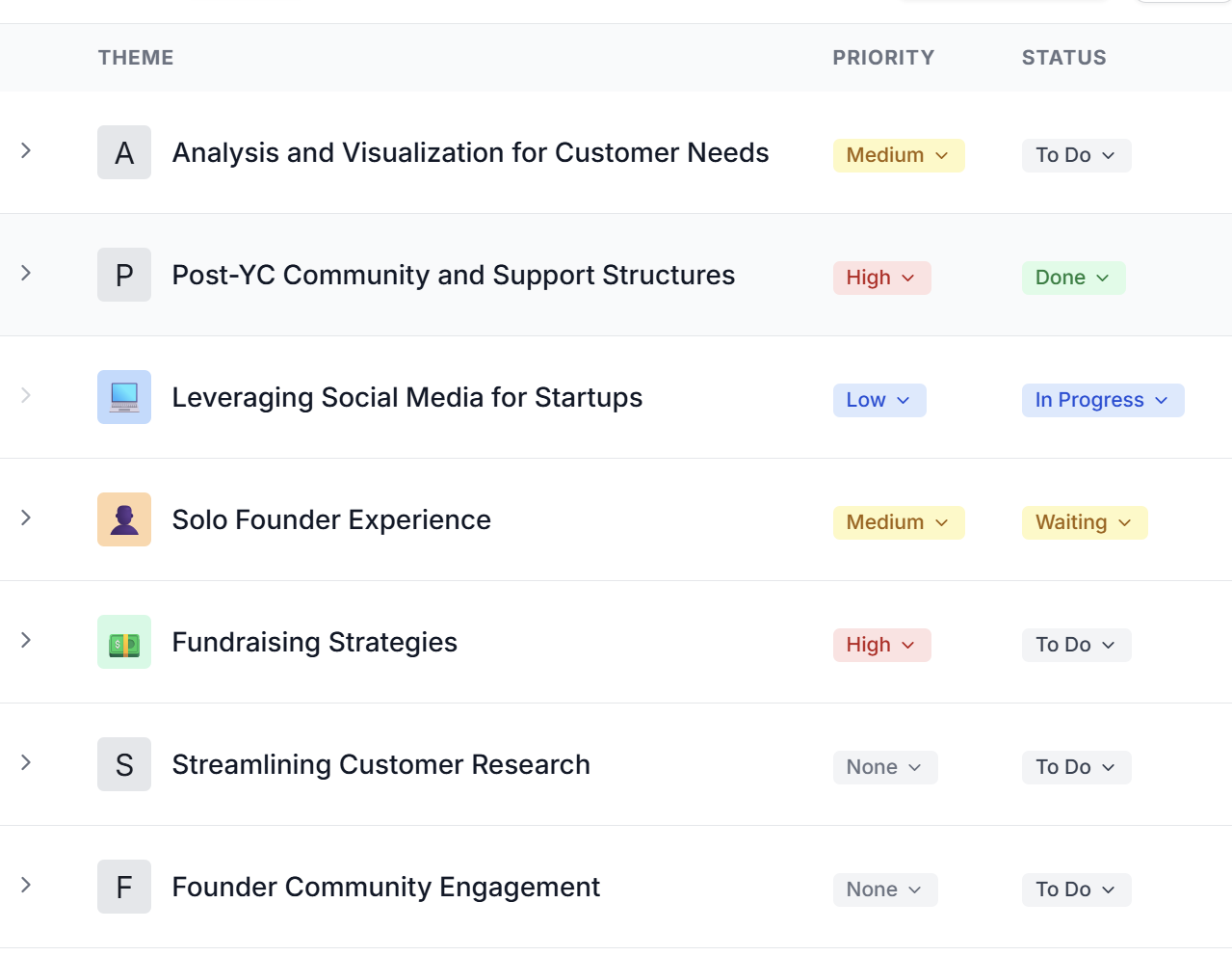 AI grouping proposal showing insights clustered into themes in Intervool
