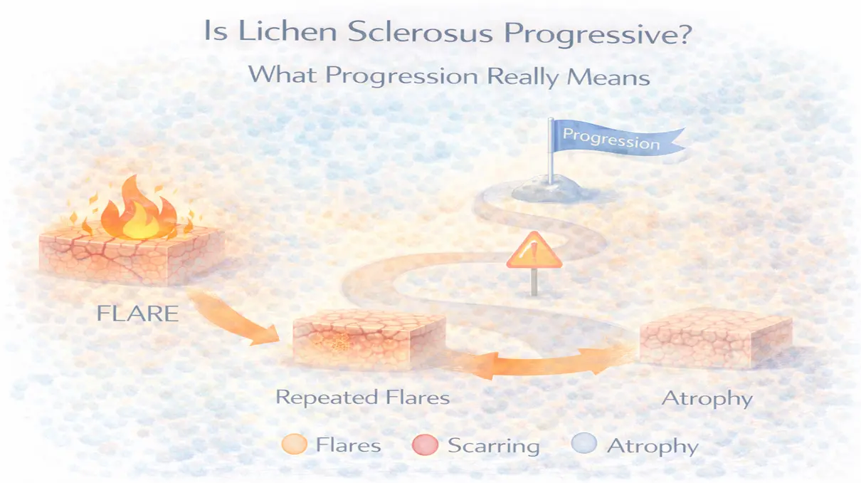Lichen sclerosus progression timeline showing stable and active phases