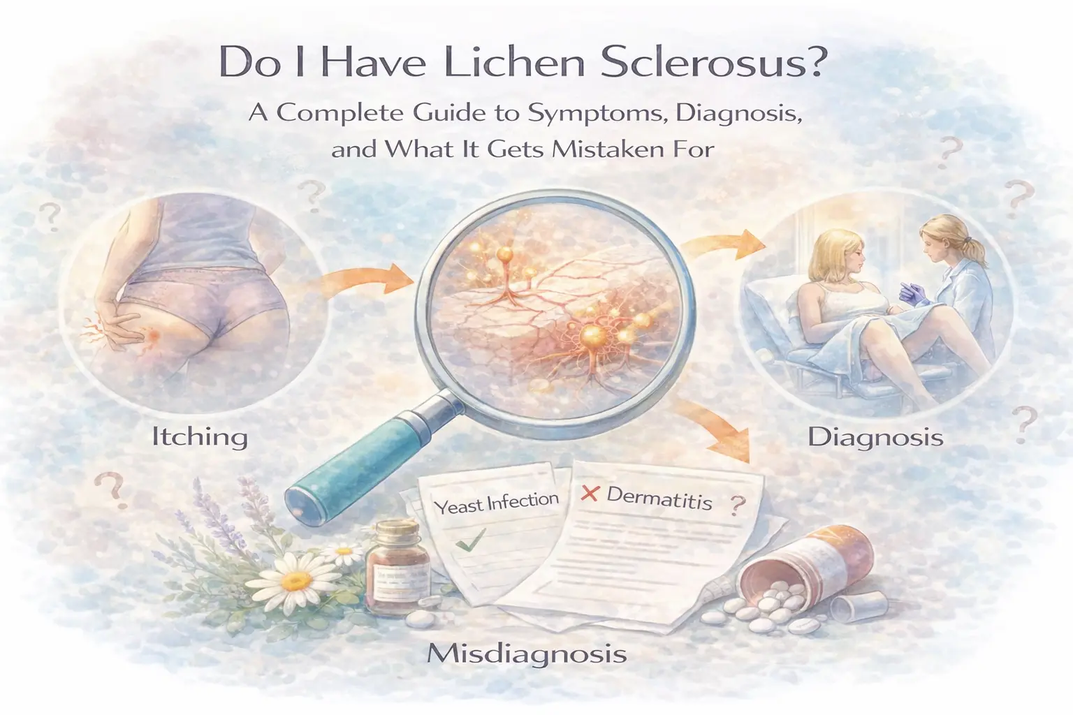 Close up of fragile, pale skin, illustrating lichen sclerosus symptoms including white patches and skin fragility