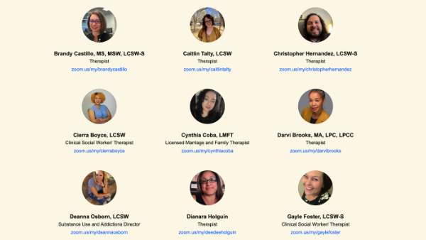 Grid of nine therapists’ headshots with their names, credentials, roles, and Zoom meeting links displayed below each photo.