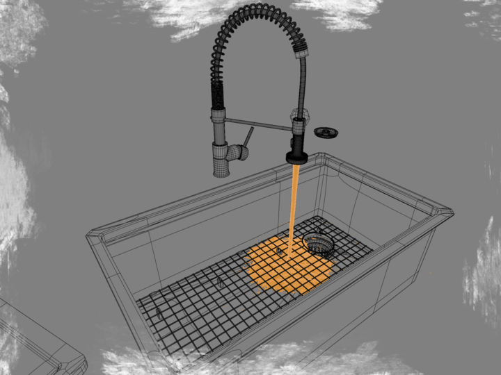 Wireframe 3D model of a bathroom setup showing a toilet, a sink with cabinet, faucet, and mirror.