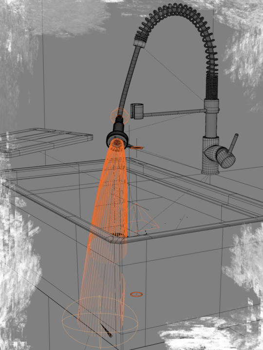 Wireframe 3D model of a bathroom setup showing a toilet, a sink with cabinet, faucet, and mirror.