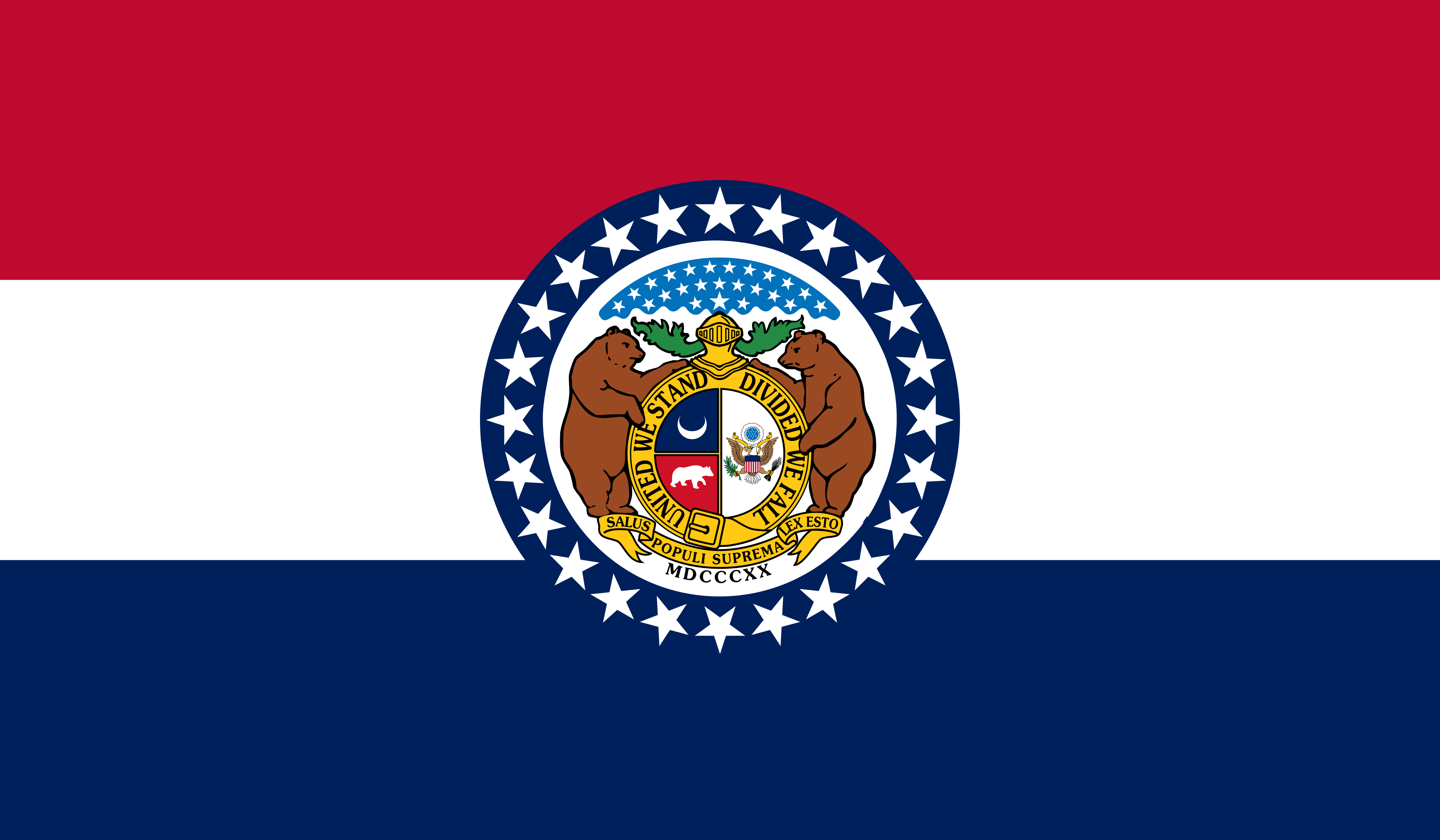 Missouri state flag with horizontal stripes of red, white, and blue and the state seal featuring two bears, the Great Seal of the United States, and stars in a circle at the center.
