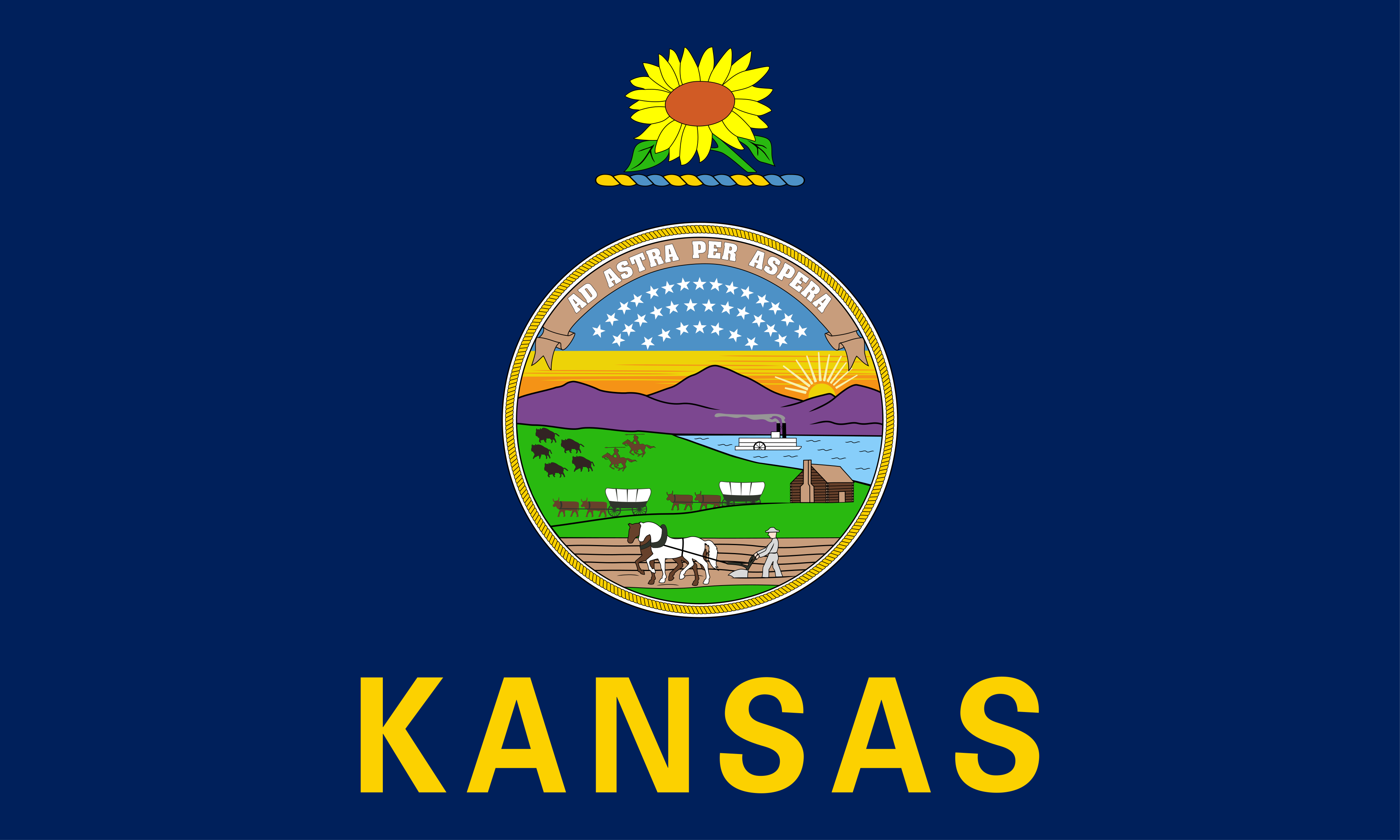 Kansas state flag with a dark blue background, sunflower above the state seal showing landscapes, a steamboat, buffalo, and a plow, and the word 'KANSAS' in yellow below.
