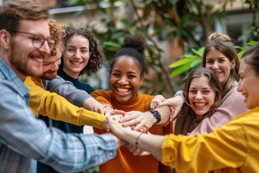 Group of diverse young adults smiling and stacking their hands together in a gesture of teamwork outdoors.