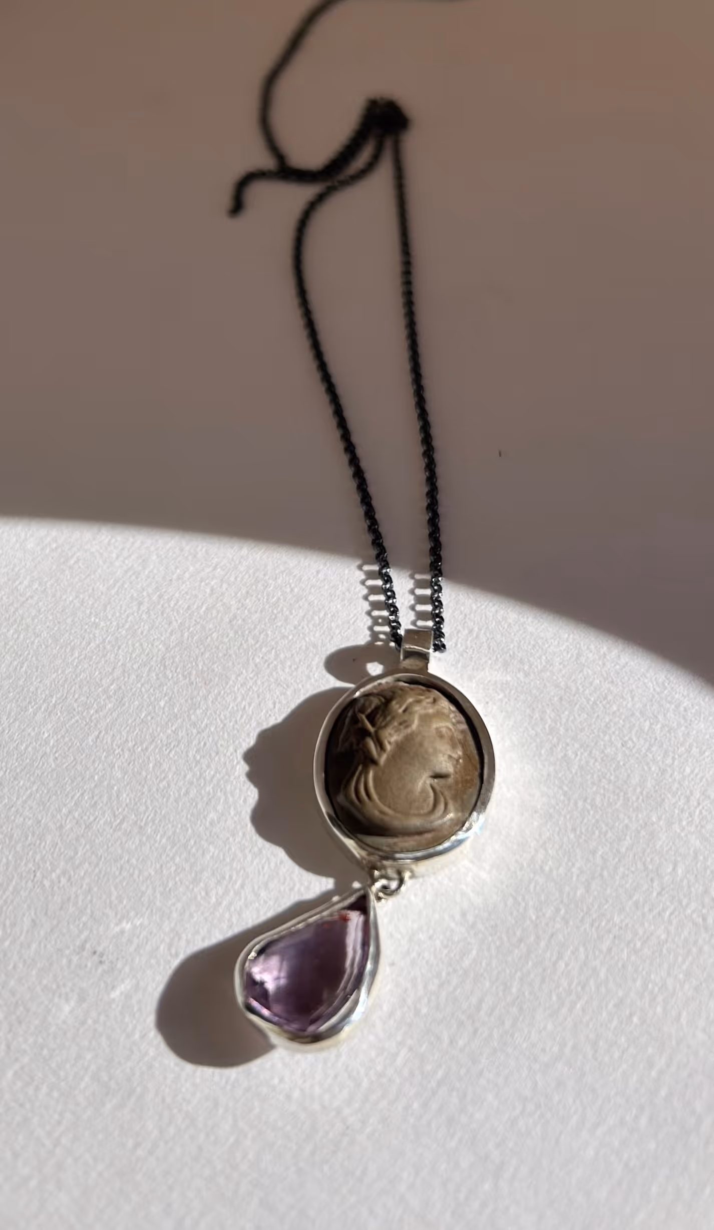 Lava Stone Cameo & Amethyst Pendant Necklace