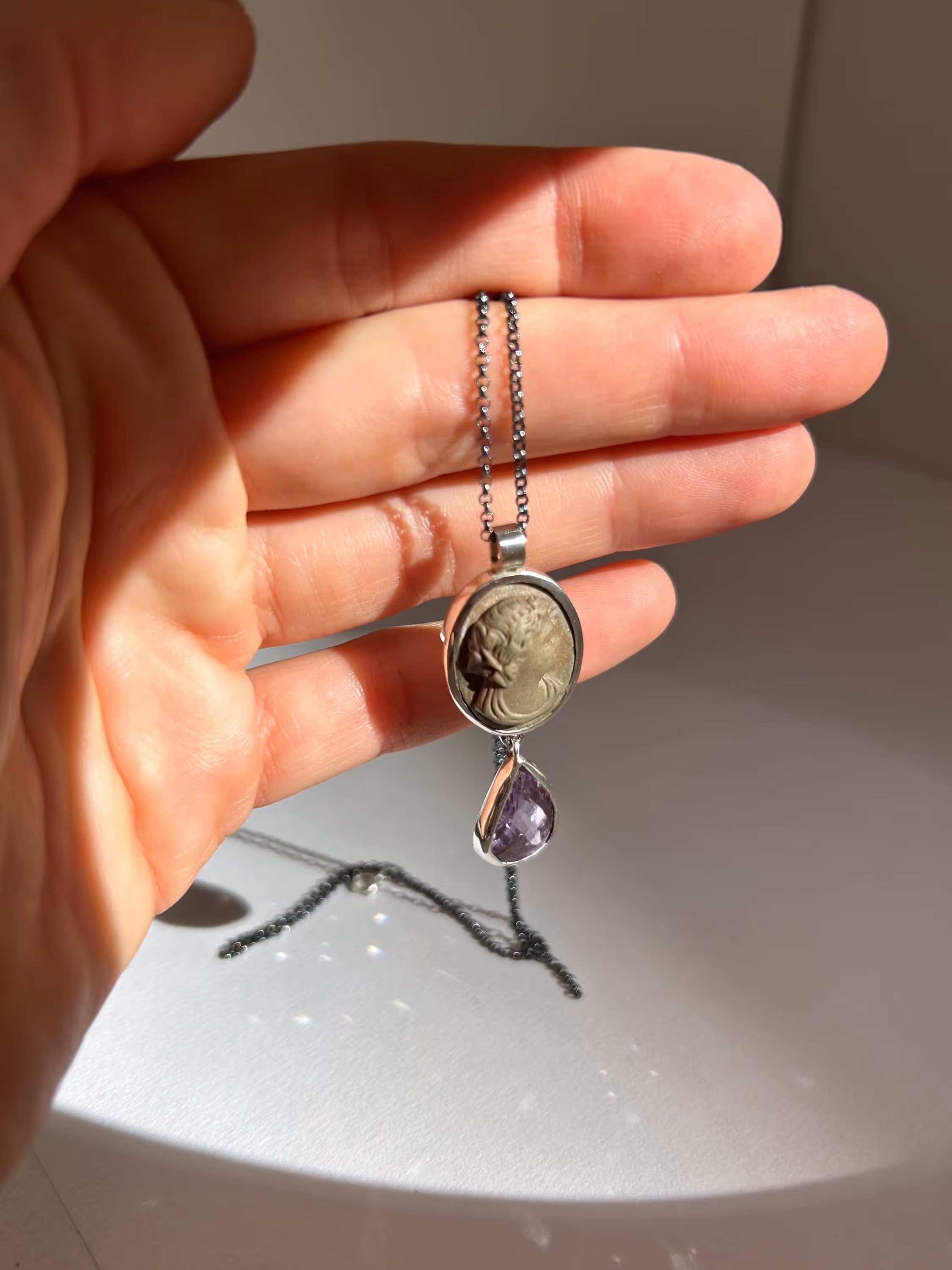 Lava Stone Cameo & Amethyst Pendant Necklace