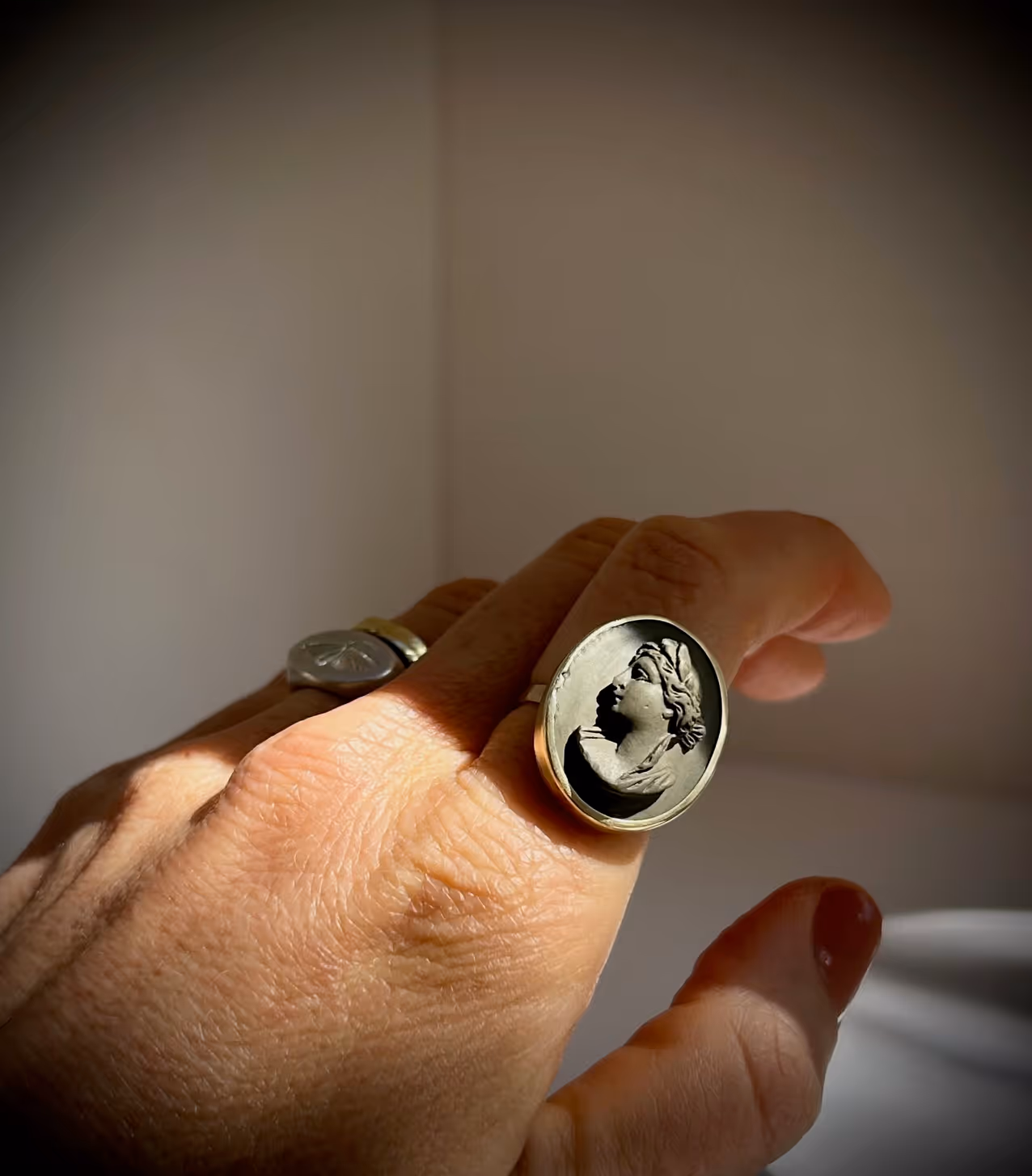 Smoky Green Lava Stone Cameo Ring