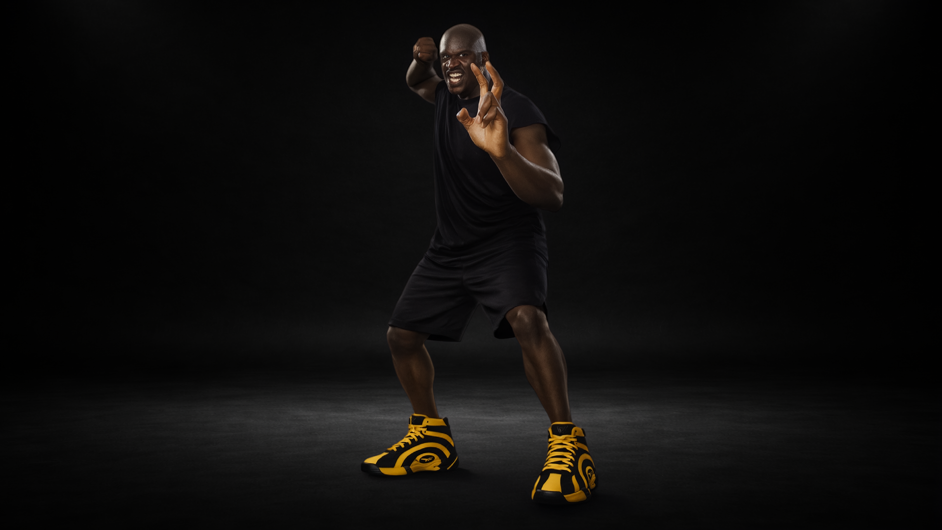 Generated full-body Shaq character reference in Shaq-Fu stance with yellow Shaqnosis sneakers