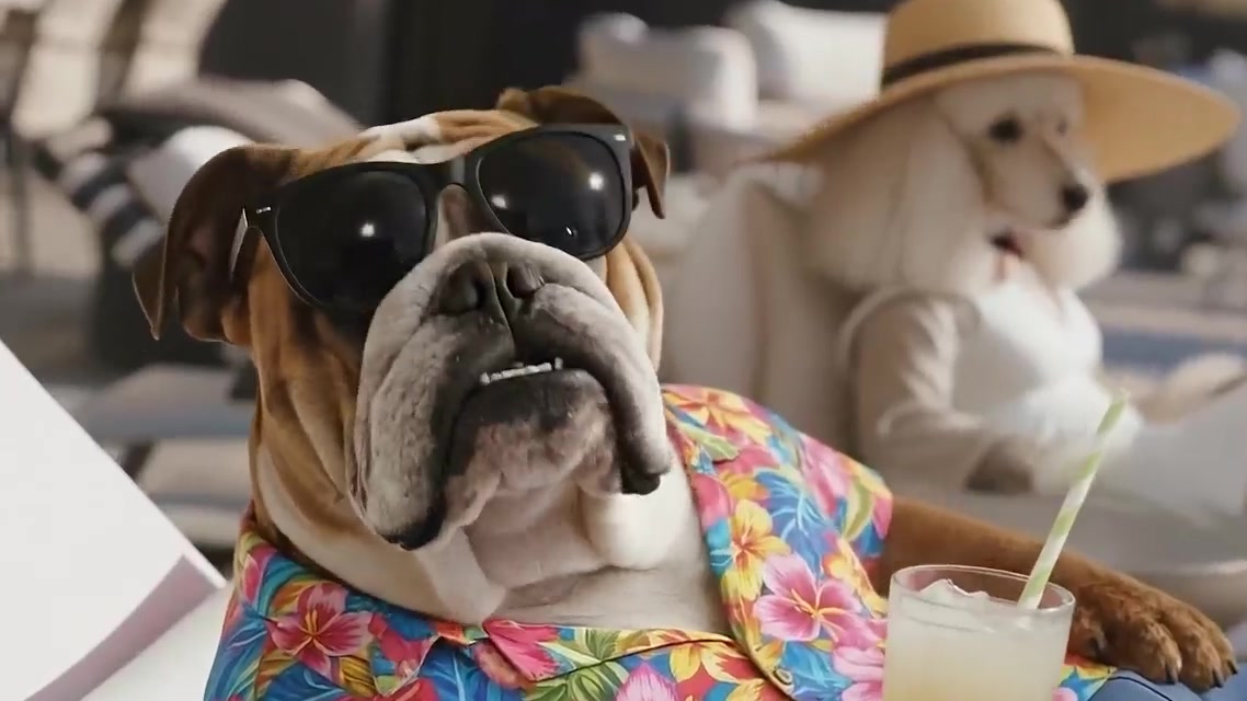 Beach club dogs in Hawaiian shirts with cocktails
