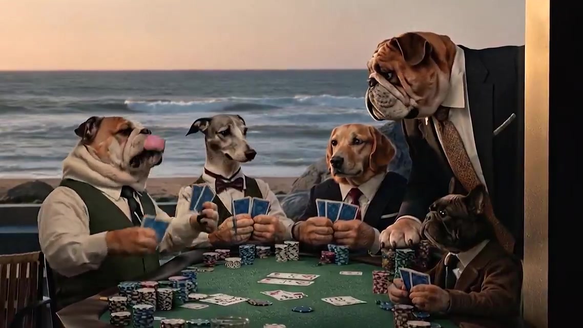 AI-generated dogs playing poker at a table by the ocean at golden hour