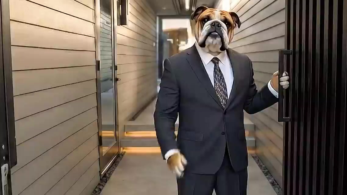 AI-generated bulldog listing agent in a tailored suit at the front door