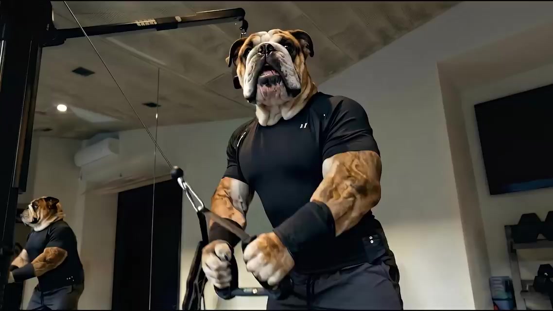 AI-generated bulldog personal trainer in the home gym