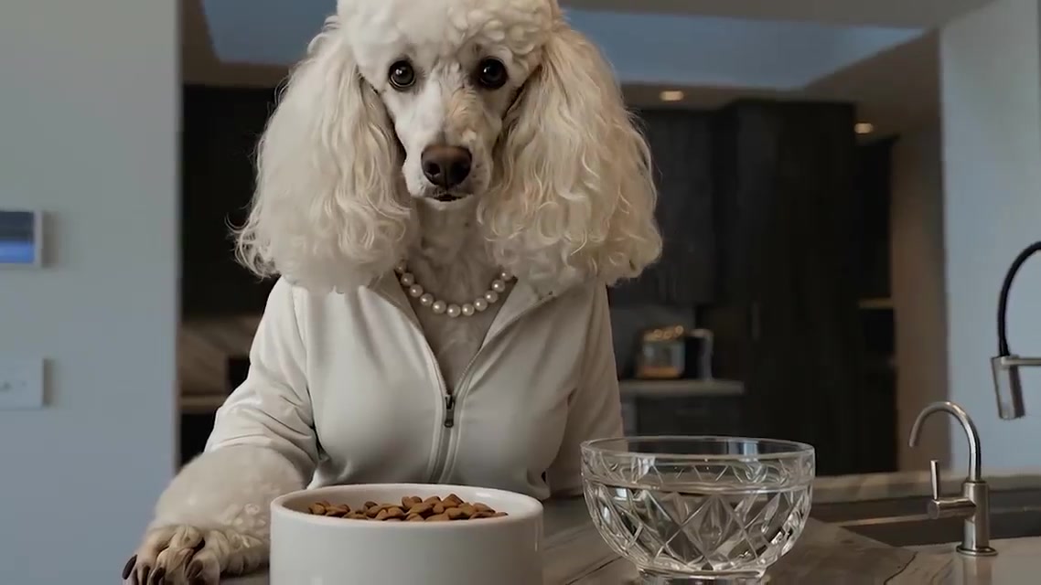 AI-generated poodle with pearls at the kitchen island