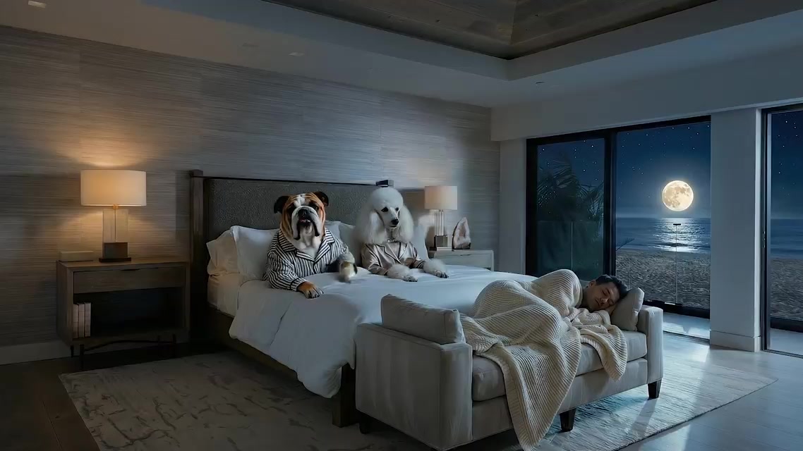 Dogs lounging in the primary suite at night with a full moon over the ocean