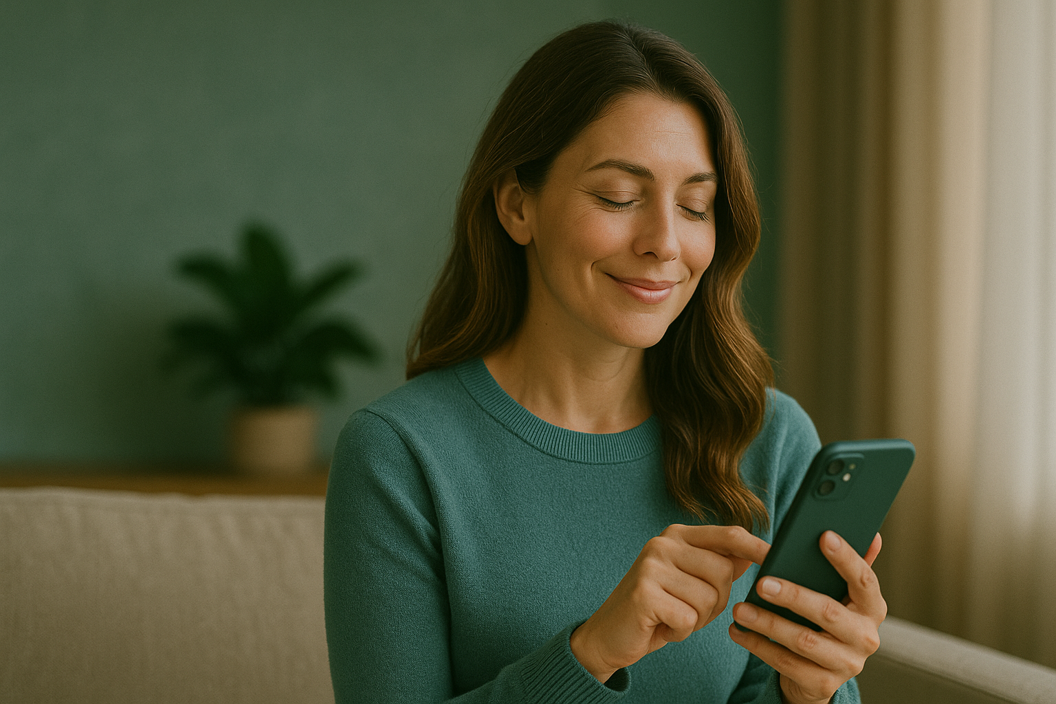 Smiling woman in a teal sweater using a smartphone while sitting indoors.