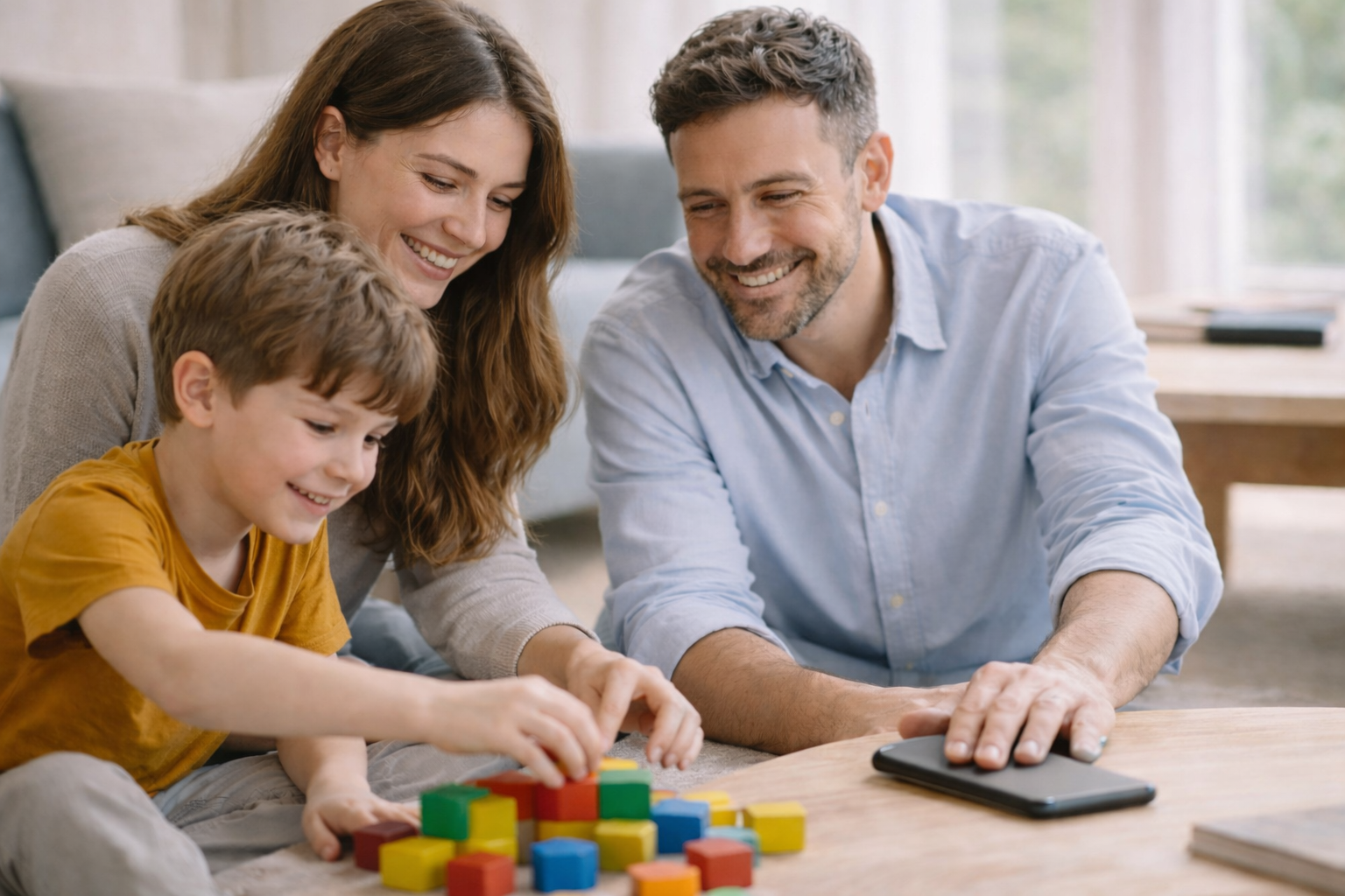 Smiling woman in beige shirt holding a smartphone while sitting at a desk with a laptop.