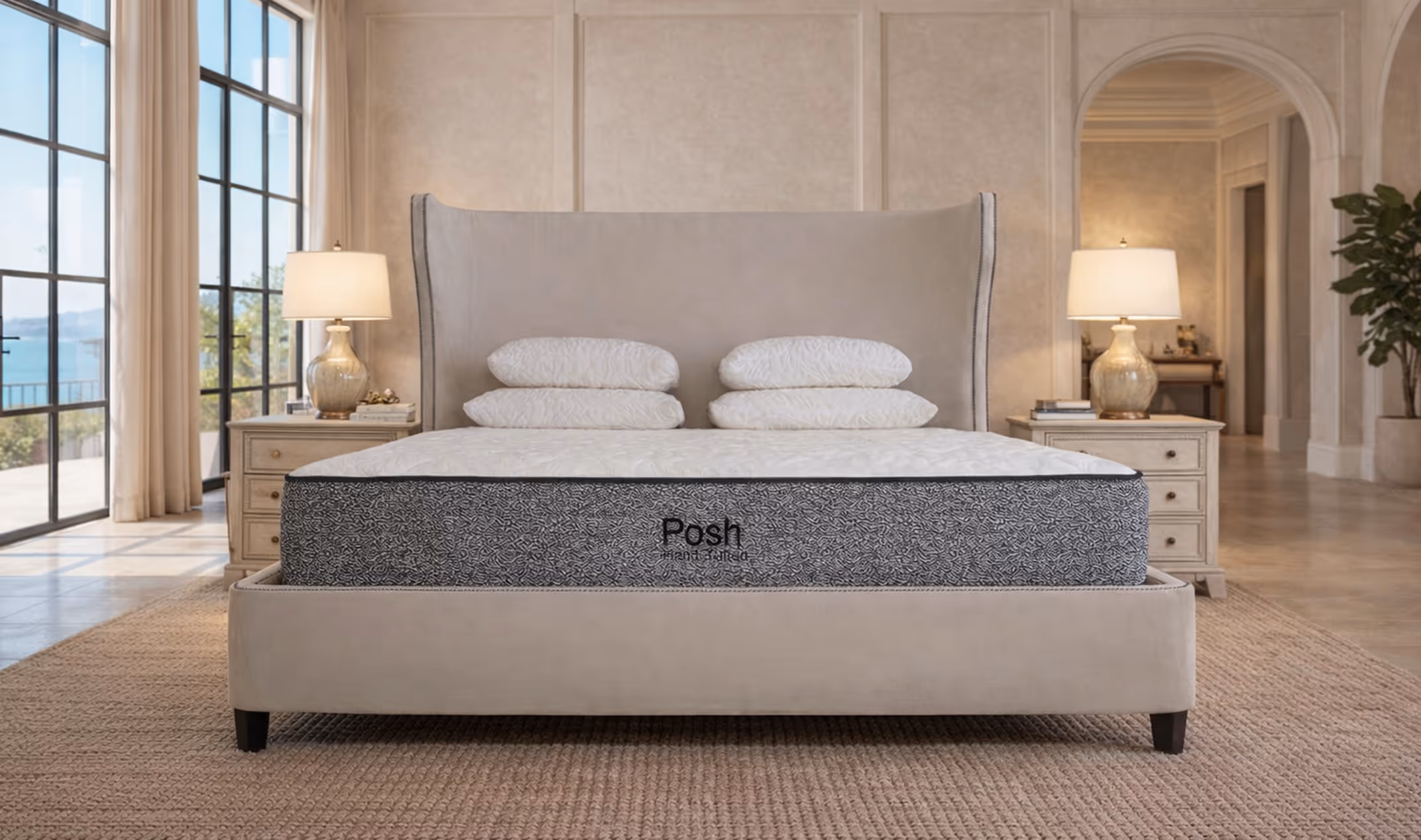 Luxurious bedroom with a beige upholstered bed featuring a Posh mattress, four white pillows, two bedside tables with lamps, and large windows overlooking a scenic outdoor view.