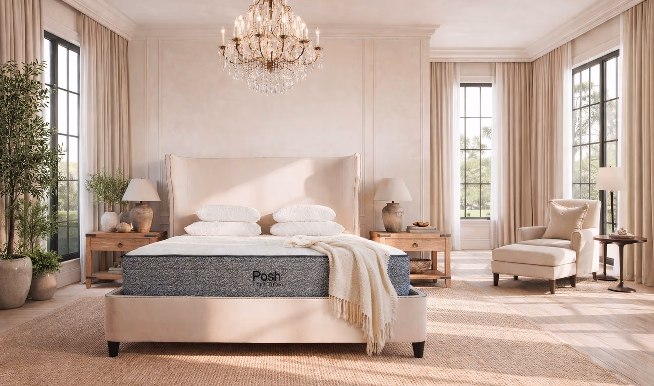 Bright bedroom with a beige upholstered bed featuring a Posh mattress, wooden nightstands with lamps, large windows with beige curtains, a chandelier, and an armchair with an ottoman.