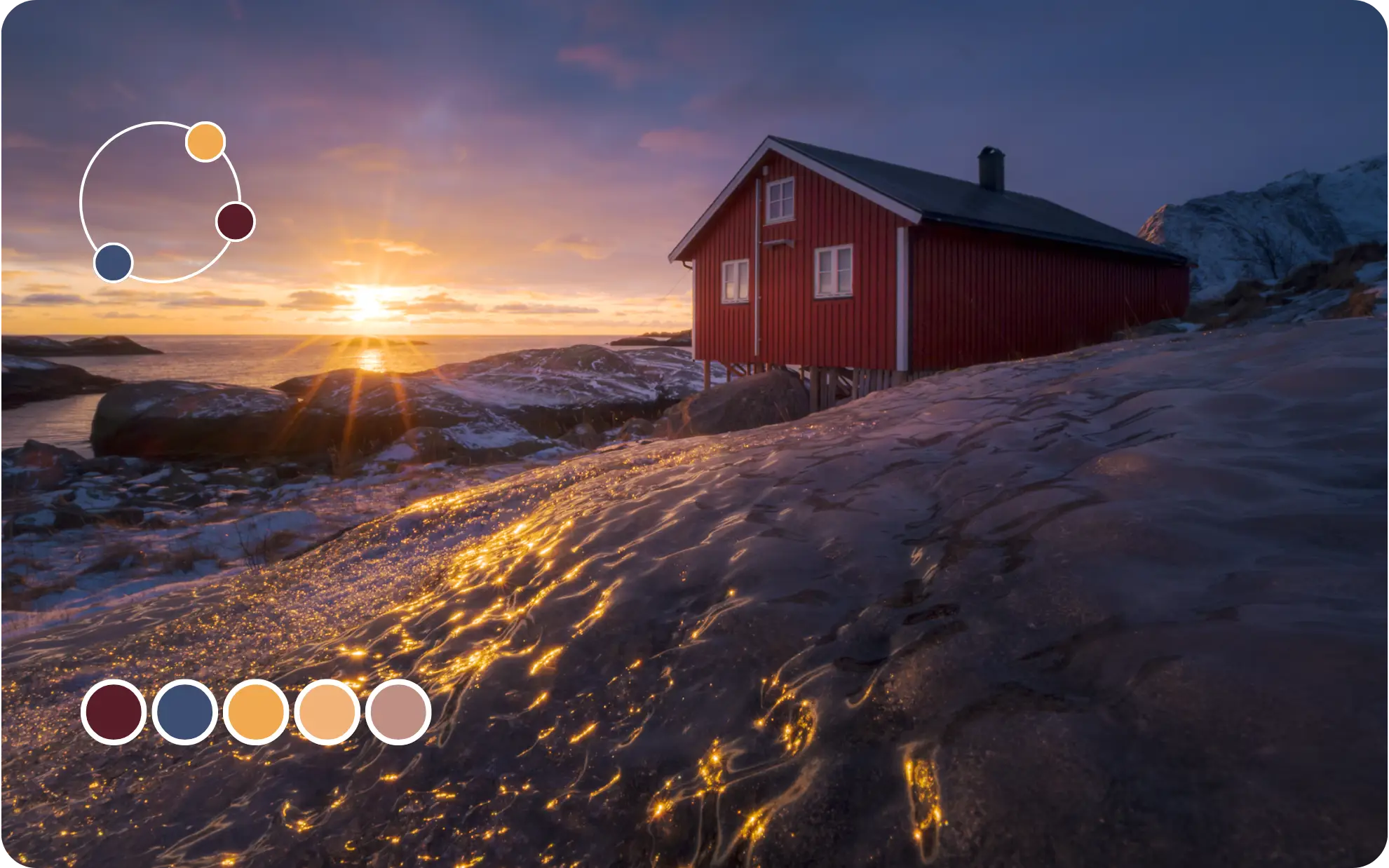 Cabaña roja sobre la roca en Reine, Lofoten, al atardecer, con el sol bajo reflejado en la piedra y montañas nevadas al fondo