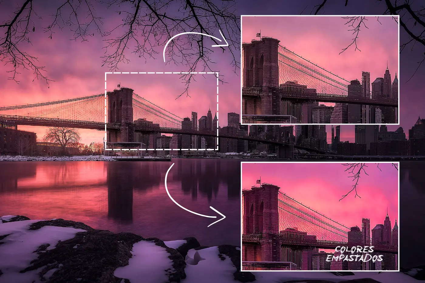 Puente de Brooklyn bajo un cielo magenta, con dos ampliaciones: arriba el color conserva matices; abajo aparece empastado