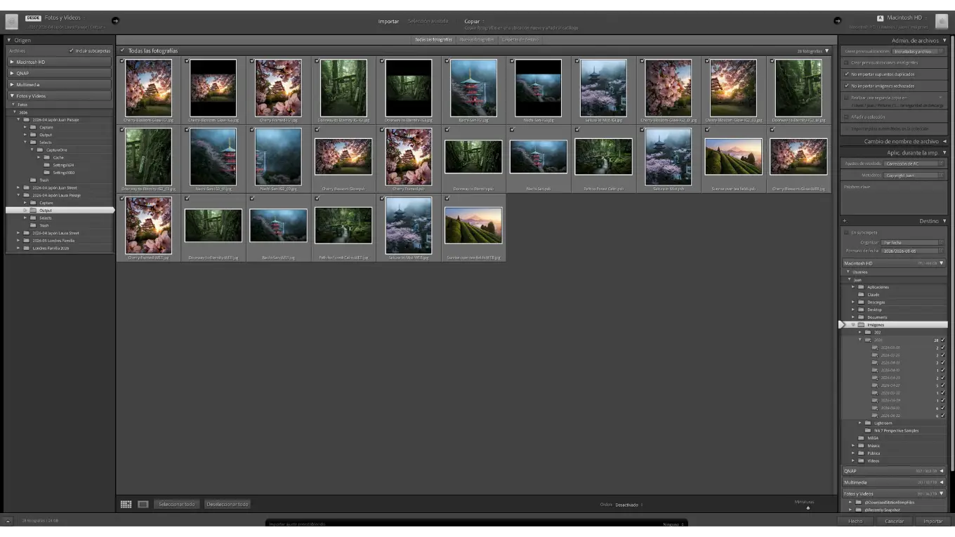 Ventana de importación de Lightroom Classic en modalidad Copiar, con el árbol de carpetas a la izquierda y el panel de destino a la derecha
