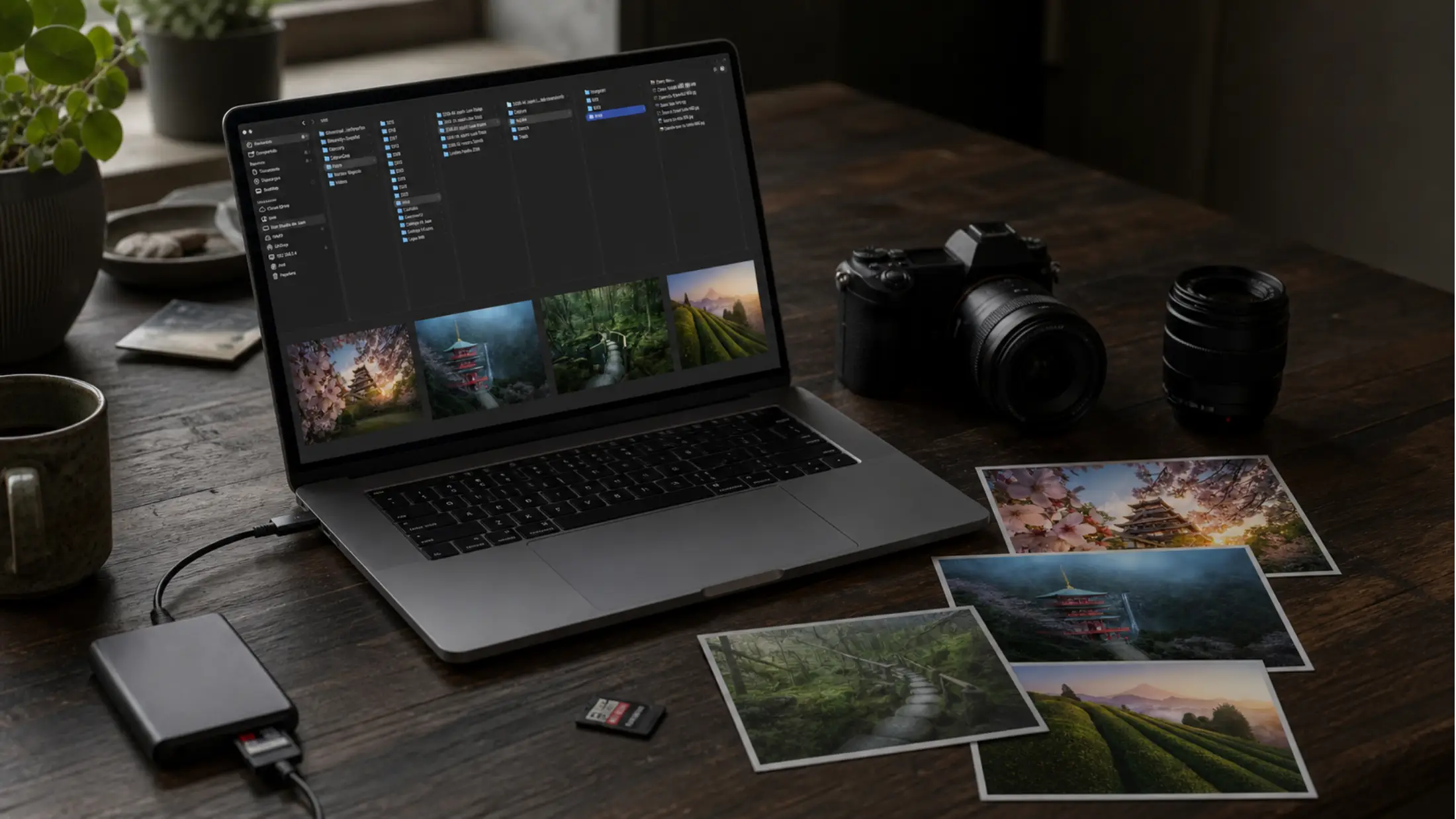Portátil sobre una mesa de madera con Lightroom abierto, junto a una cámara, un disco externo, una tarjeta de memoria y varias copias impresas