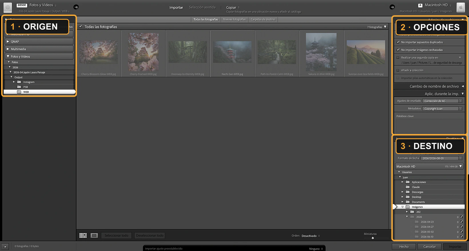 Ventana de importación de Lightroom Classic en modalidad Copiar, con el origen a la izquierda, las miniaturas en el centro y las opciones y el destino a la derecha