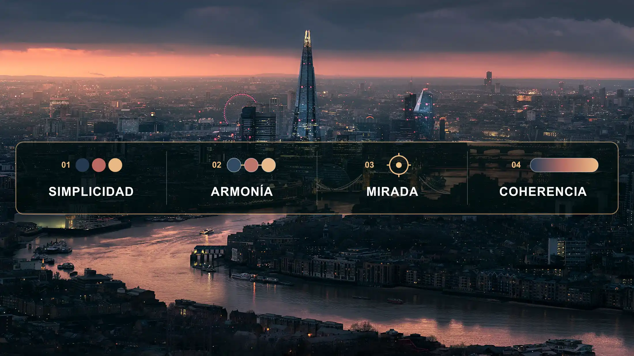 Vista nocturna de Londres con el Támesis y The Shard, y sobre ella una franja con las cuatro reglas: simplicidad, armonía, mirada y coherencia