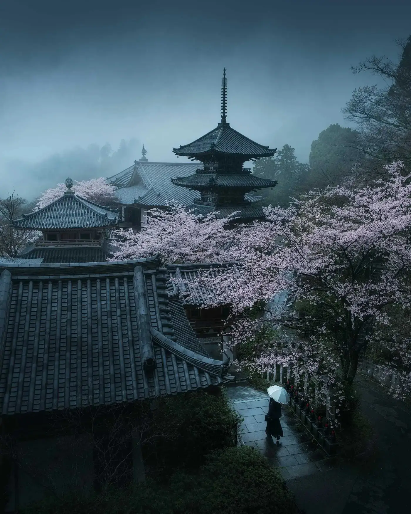 Pagoda japonesa entre niebla y cerezos en flor, con colores fríos y desaturados, y una figura con paraguas blanco en el camino