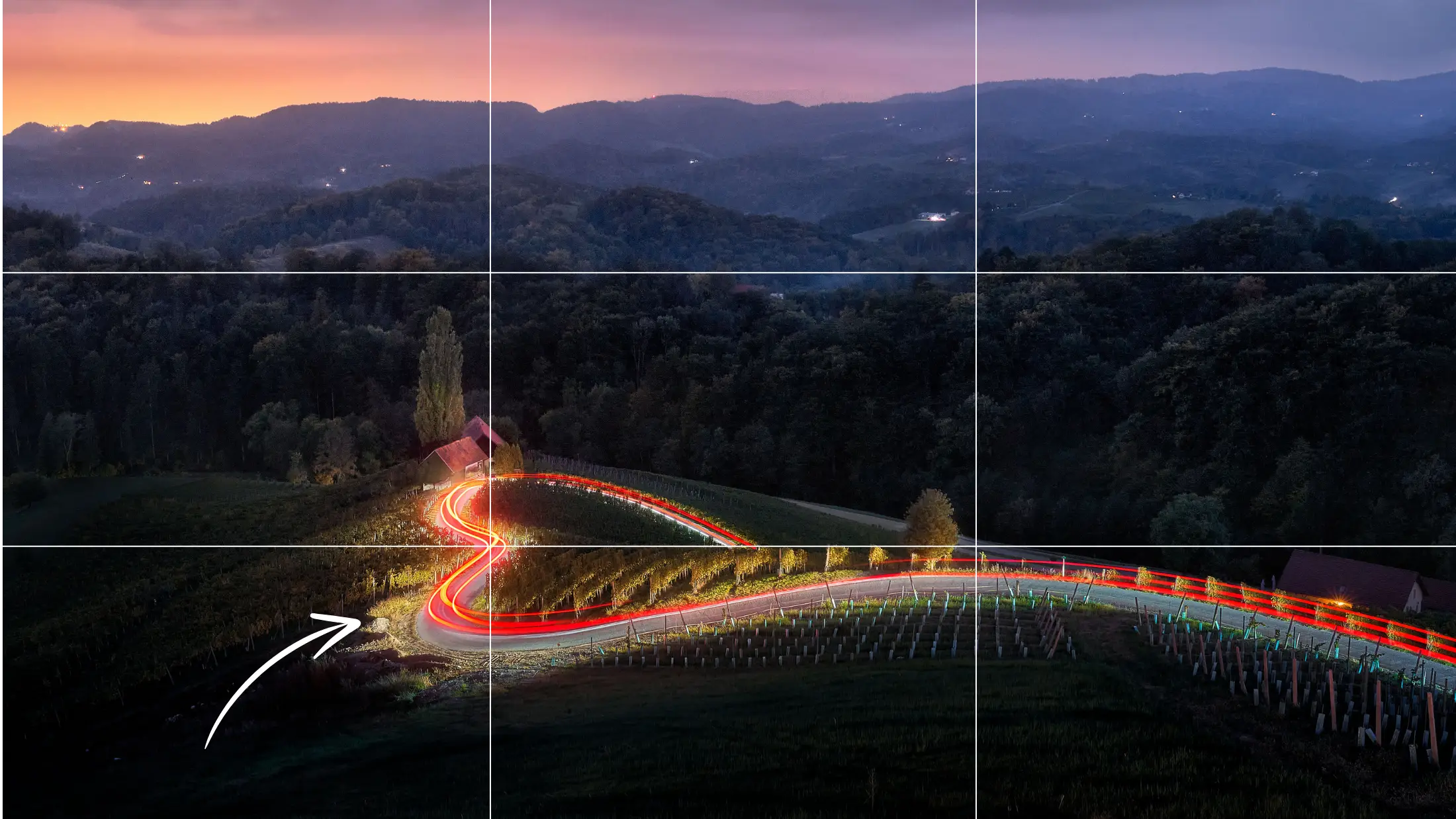 Vista aérea al anochecer de una carretera con forma de corazón dibujada por las luces de los coches, con la cuadrícula de tercios superpuesta y una flecha que señala la casa iluminada situada en una intersección
