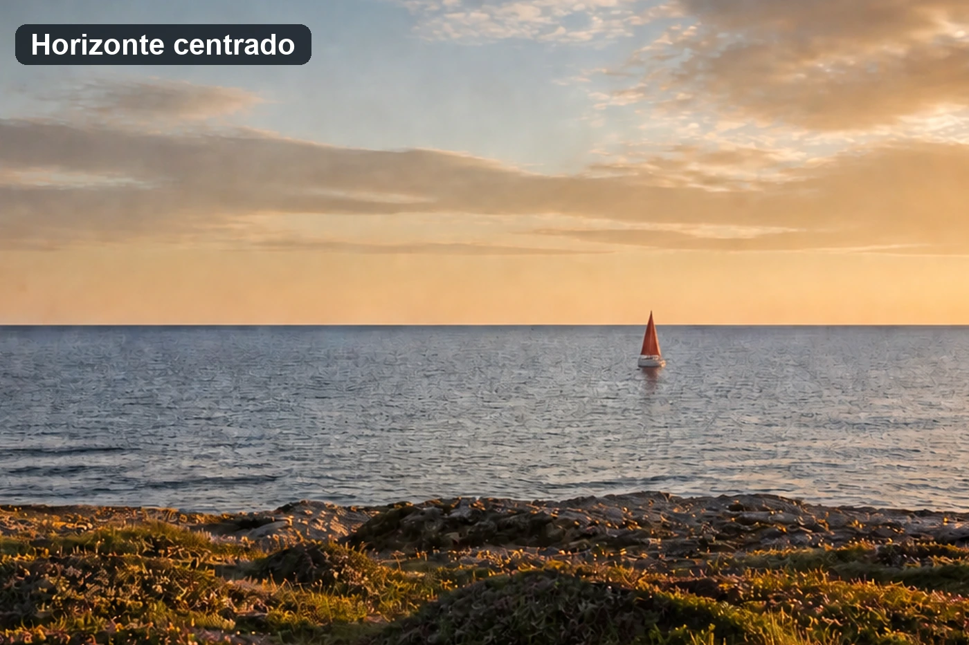 Marina al atardecer con un velero de vela naranja y el horizonte partiendo la imagen justo por la mitad