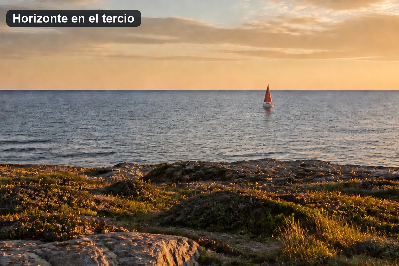 La misma marina con el horizonte apoyado en la línea superior de tercios, de modo que la costa rocosa se lleva dos tercios del encuadre