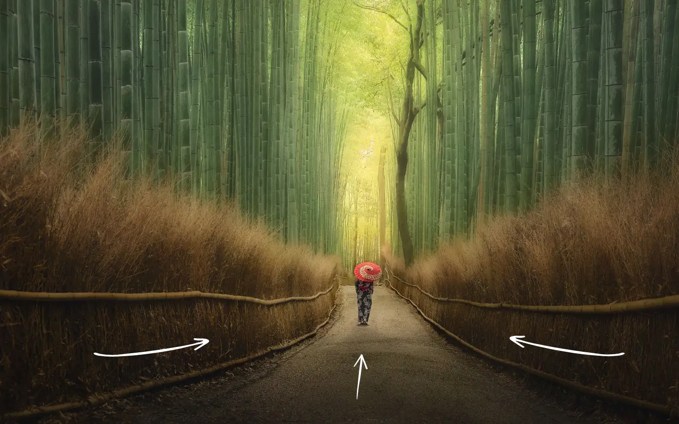 Camino entre un bosque de bambú con una figura de paraguas rojo al fondo y flechas trazadas sobre las vallas laterales, que convergen hacia ella