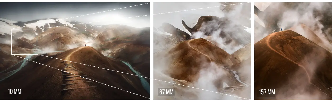 La misma escena de montaña fotografiada desde el mismo punto a 10, 67 y 157 mm, con líneas que muestran cómo el ángulo de visión se cierra progresivamente
