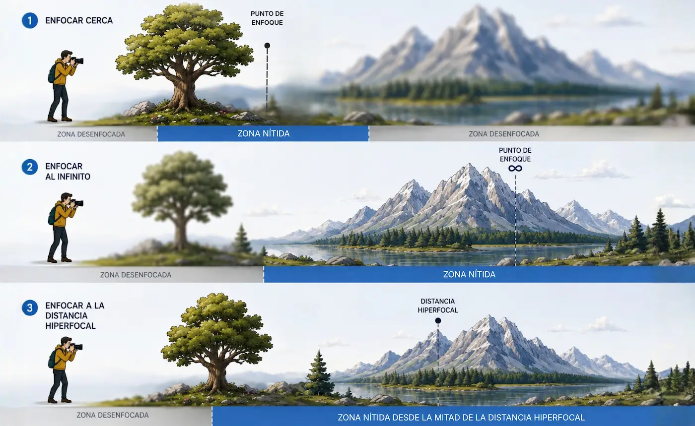 Esquema en tres filas sobre la misma escena de árbol y montaña: enfocando cerca la zona nítida es una franja estrecha alrededor del árbol; enfocando al infinito queda nítido el fondo pero no el primer plano; enfocando a la distancia hiperfocal la zona nítida va desde la mitad de esa distancia hasta el horizonte