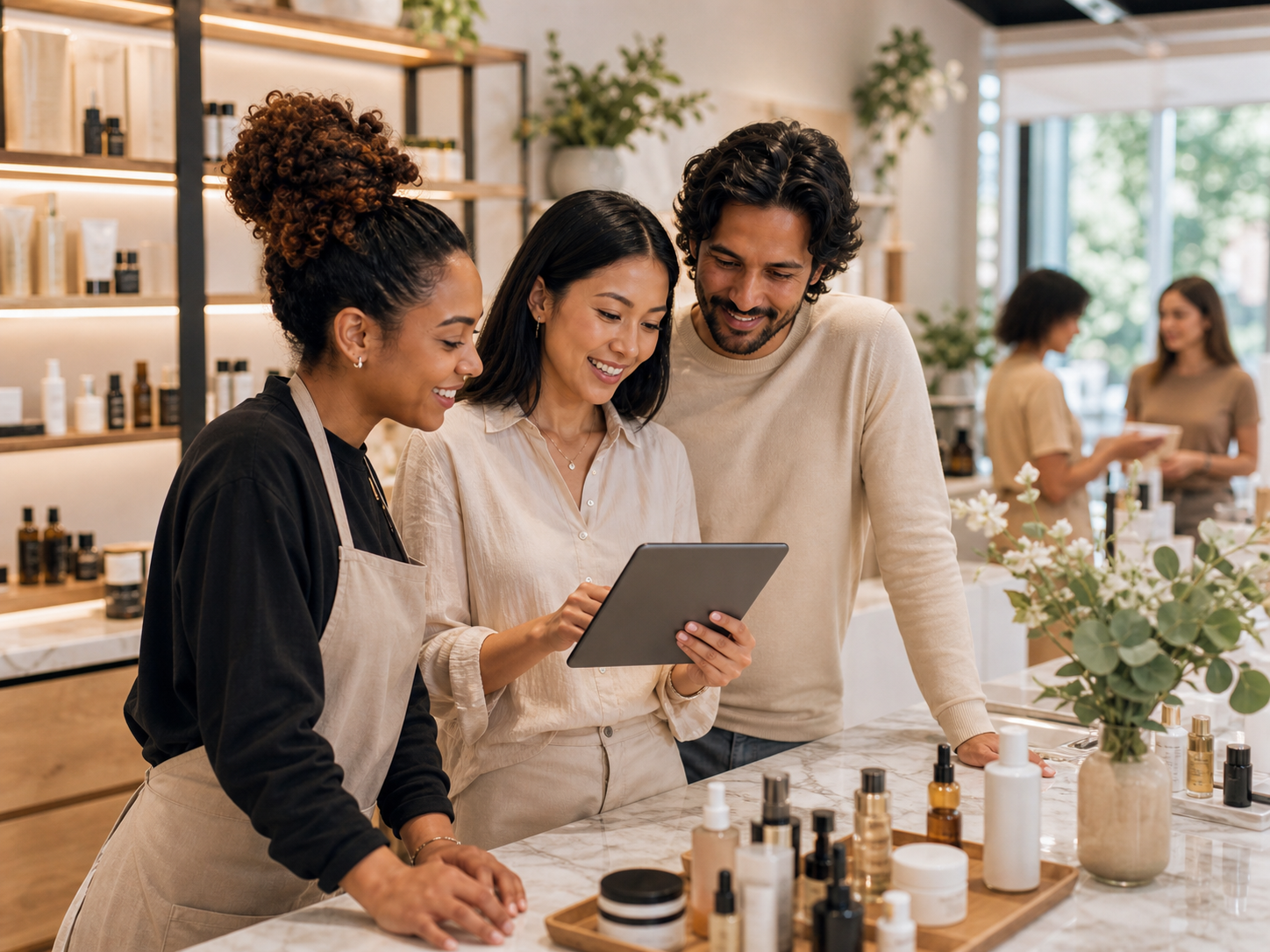 Three people smiling and looking at a tablet in a beauty store with skincare products displayed on a marble counter.