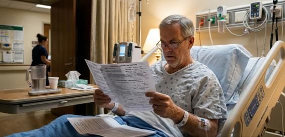 A patient in a hospital bed reading a dense discharge packet