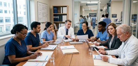 A clinical team meeting around a conference table